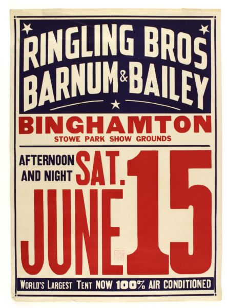 1940s Ringling Bros. Barnum & Bailey 20 1/2" x 28" Binghamtom Circus Poster