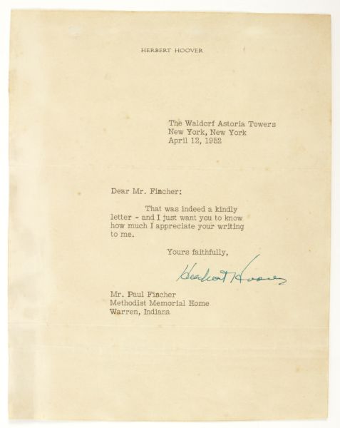1952 Herbert Hoover Signed Letter On Hoover Stationery - JSA 