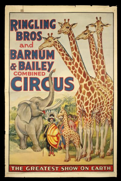 1940s Ringling Bros. Barnum & Bailey 27" x 41" 1-Sheet Poster Giraffes & Natives 