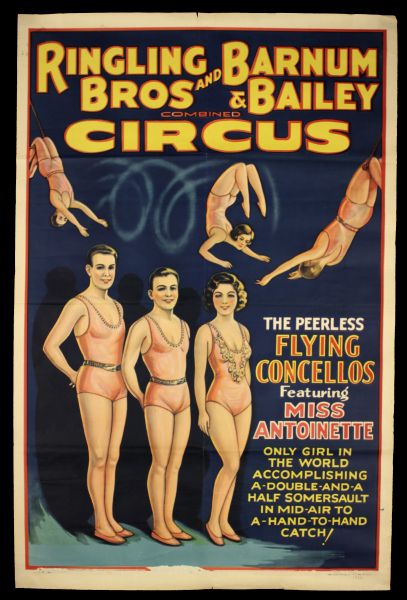 1937 Ringling Bros. Barnum & Bailey 27" x 41" 1-Sheet Circus Poster Featuring Peerless Flying Concellos  Rare