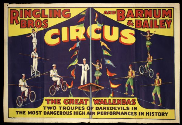 1937 Ringling Bros. Barnum & Bailey 28" x 40 1/2" 1-Sheet Circus Poster w/Wallendas 