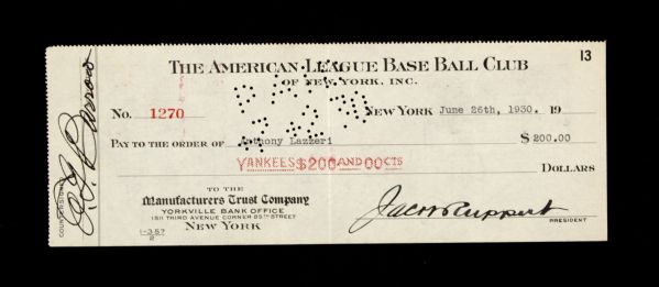 1930 Tony Lazzeri New York Yankees Signed Payroll Check Member of Murderers Row Also Signed by Jacob Ruppert & Ed Barrow- JSA 