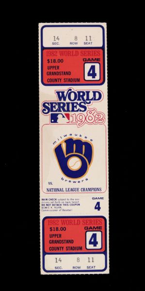 1982 Milwaukee Brewers Game 4 Full World Series Ticket 