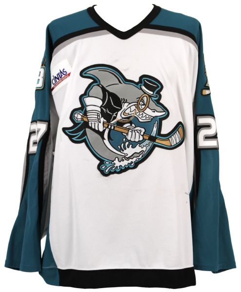 2006-07 Nolan Schaefer Worcester Sharks Game Worn Signed Jersey - Good Use (MEARS LOA)