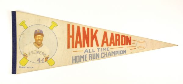 1975-82 Hank Aaron Milwaukee Brewers & Ball-In-Glove Logo Pennant 