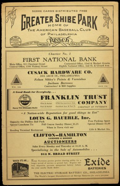 1931 Shibe Park Philadelphia As vs. Cleveland Indians Scorecard w/Jimmie Foxx 