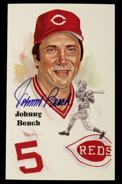 1989 Johnny Bench Cincinnati Reds Signed Perez Steele Postcard - JSA 
