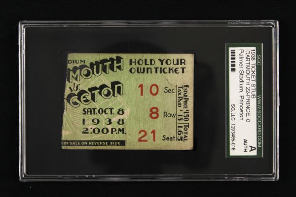 1938 Dartmouth vs. Princeton Football Ticket - SGC Authentic 