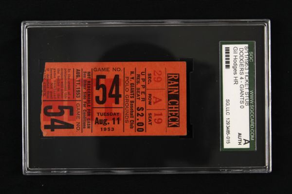 1953 Brooklyn Dodgers vs. New York Giants Ticket Stub Gil Hodges Hits Home Run - SGC Authentic 