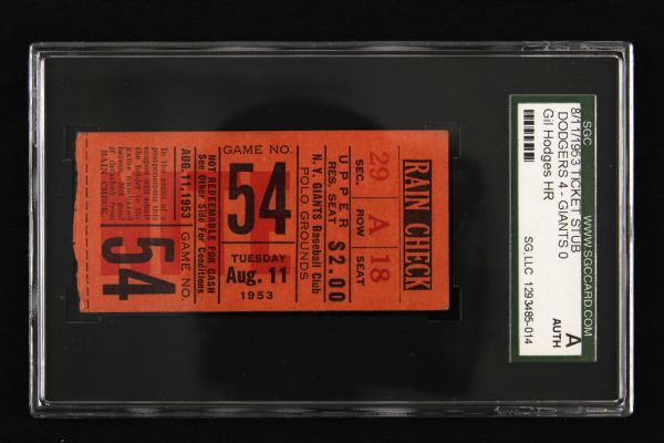 1953 Brooklyn Dodgers vs. New York Giants Ticket Stub Gil Hodges Hits Home Run - SGC Authentic