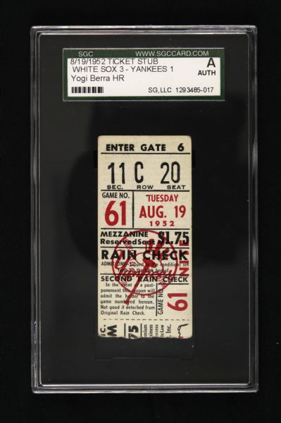 1952 New York Yankees vs. Chicago White Sox Ticket Stub - SGC Authentic 