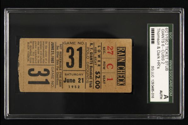 1952 New York Giants vs. Chicago Cubs Ticket Stub - Bobby Thomson & Al Dark Hit Home Runs - SGC Authentic 