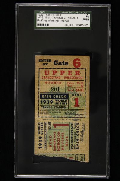 1939 New York Yankees vs. Cincinnati Reds Game 1 World Series Ticket Stub - SGC Authentic 