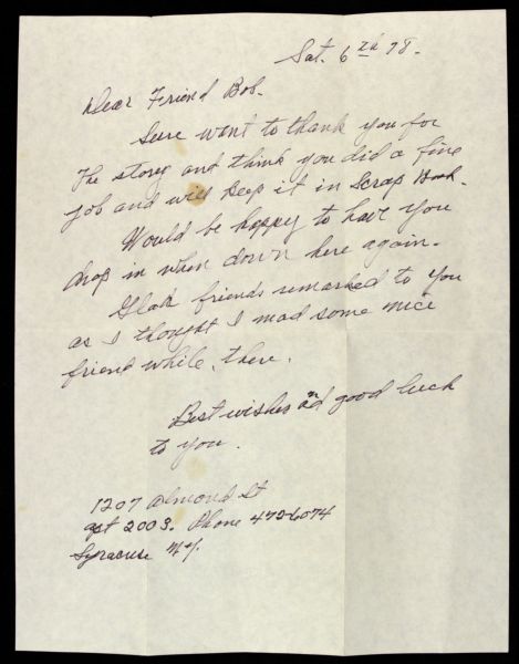 1978 Bob Shawkey New York Yankees Letter Member of 1927 Murders Row Team 