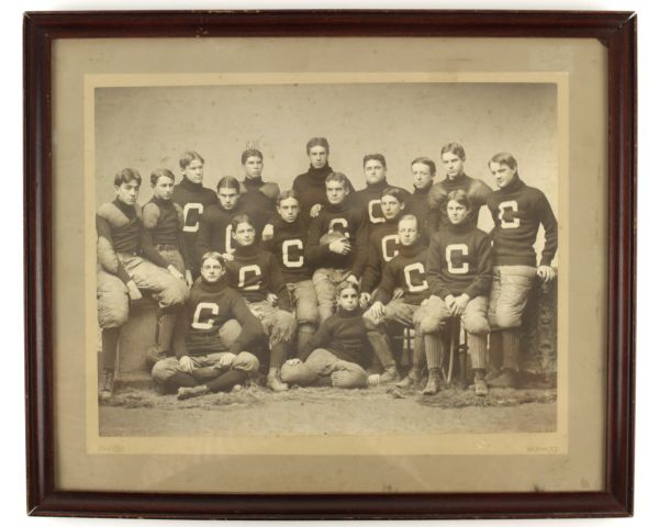 1900 circa Autographed Oversized Unidentified “C” Football Team 10”x14” Cabinet Type 1 Original Photo on Mount – Pach Bros – Turtle Neck Sweater, Quilted Pants, Melon Football (MEARS LOA)