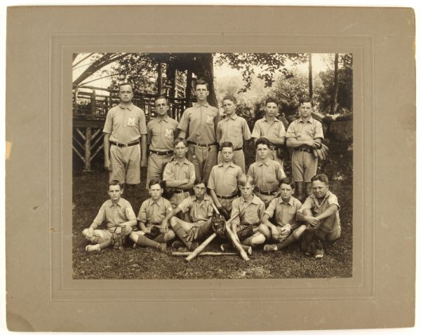 1900-10 circa Unidentified “M” Team 8”x10” Cabinet Type 1 Original Baseball Photo on Original Mount – White Buckskin Glove, 1” Web Glove, Spiderman Catcher’s Mask, Mushroom Knob Bat (MEARS LOA) 
