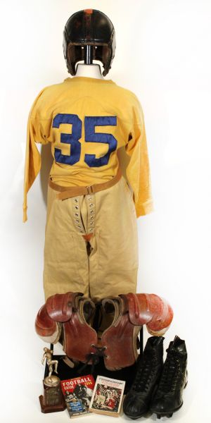 1940s Football Memorabilia With Yellow Cotton Jersey Shoulder Pads Wilson Leather Helmet Cleats -
