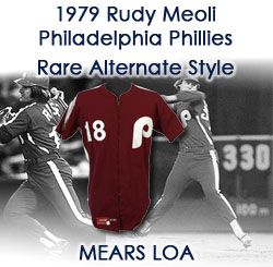 1979 Rudy Meoli Philadelphia Phillies Alternate Saturday Night Burgundy Jersey Pants & Cap Purchased From Team Worn One Night Only (MEARS LOA)
