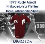 1979 Rudy Meoli Philadelphia Phillies Alternate Saturday Night Burgundy Jersey Pants & Cap Purchased From Team Worn One Night Only (MEARS LOA)