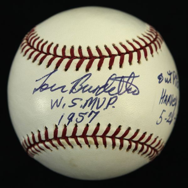 1994-2000 Lou Burdette Milwaukee Braves Single Signed ONL (Coleman) Baseball w"Out PItched Harvey Haddix 5-26-59" - JSA Sticker