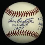 1994-2000 Lou Burdette Milwaukee Braves Single Signed ONL (Coleman) Baseball w"Out PItched Harvey Haddix 5-26-59" - JSA Sticker