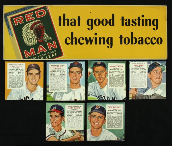 1950s circa Red Man Tobacco Advertisement & (6) 1954 Cards w/Andy Pafko Jim Busby Sam Mele Mel Parnell Billy Pierce Sammy White