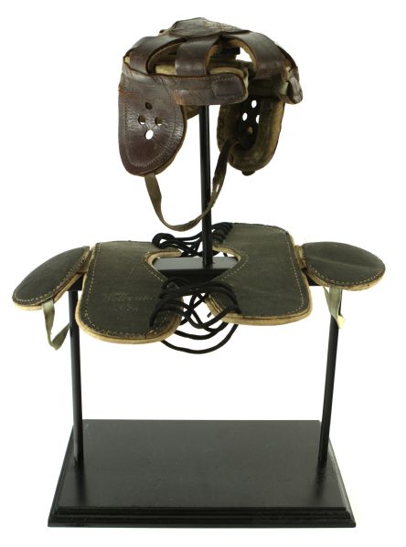 1910s Reach 8-Spoke Leather Football Helmet & Shoulder Pads 