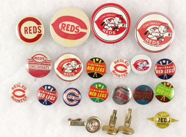 1930s-70s Cincinnati Reds Pinback Collection w/Cuff Links (Lot of 21)