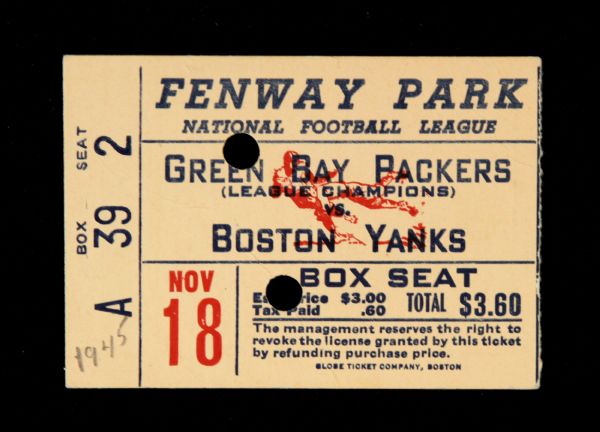 1945 Green Bay Packers vs. Boston Yanks at Fenway Park Ticket Stub w/ Fenway Football Seating Diagram 