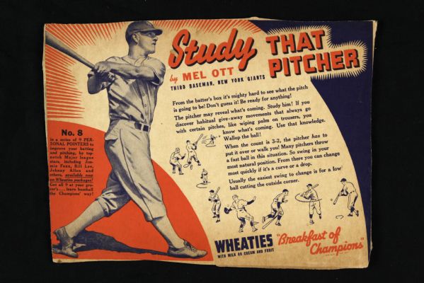 1936 Mel Ott New York Giants Wheaties Personal Pointers 6" x 8" Cutout