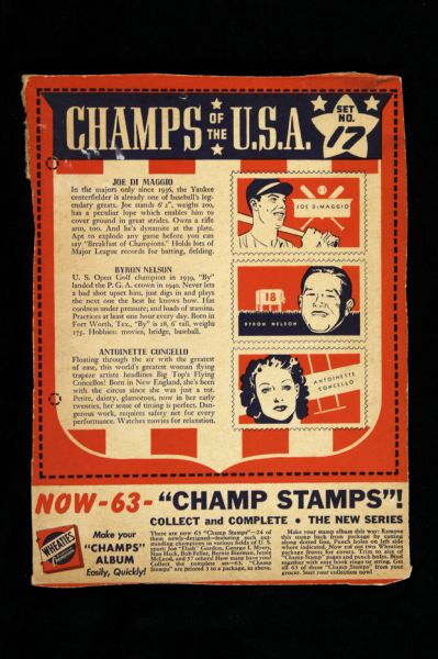 1941 Joe DiMaggio Byron Nelson Antoinette Concello Wheaties Champs of the USA 6" x 8" Cutout