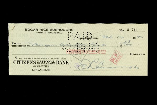1940 Edgar Rice Burroughs Tarzan Creator Signed Check (JSA)
