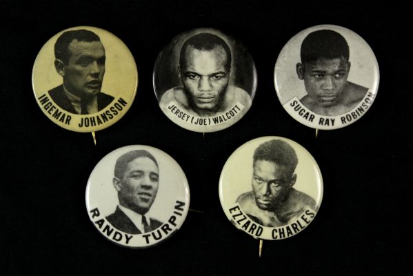 1950s Sugar Ray Robinson Ezzard Charles Jersey Joe Walcott Randy Turpin Ingemar Johansson 2" Pinback Buttons - Lot of 5