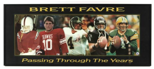 1990s Brett Favre Signed Passing Through The Years 15" x 36" Framed Photo Collage (Favre Hologram)