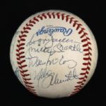 1987-94 500 Home Run Club Multi Signed OAL Brown Baseball w/ 12 Signatures Including Ted Williams, Hank Aaron, Mickey Mantle & More (JSA)