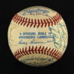 1984-94 Hall of Fame Multi Signed OAL Brown Baseball w/ 25 Signatures Including Mickey Mantle, Jocko Conaln, Billy Herman & More (JSA)