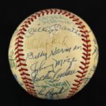 1984-94 Hall of Fame Multi Signed OAL Brown Baseball w/ 25 Signatures Including Mickey Mantle, Jocko Conaln, Billy Herman & More (JSA)