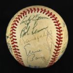 1984-94 Hall of Fame Multi Signed OAL Brown Baseball w/ 25 Signatures Including Mickey Mantle, Jocko Conaln, Billy Herman & More (JSA)
