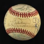 1984-94 Hall of Fame Multi Signed OAL Brown Baseball w/ 25 Signatures Including Mickey Mantle, Jocko Conaln, Billy Herman & More (JSA)