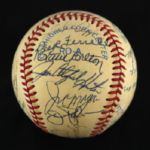 1984-94 Hall of Fame Multi Signed OAL Brown Baseball w/ 25 Signatures Including Mickey Mantle, Jocko Conaln, Billy Herman & More (JSA)