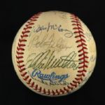 1984-94 Hall of Fame Multi Signed OAL Brown Baseball w/ 25 Signatures Including Mickey Mantle, Jocko Conaln, Billy Herman & More (JSA)