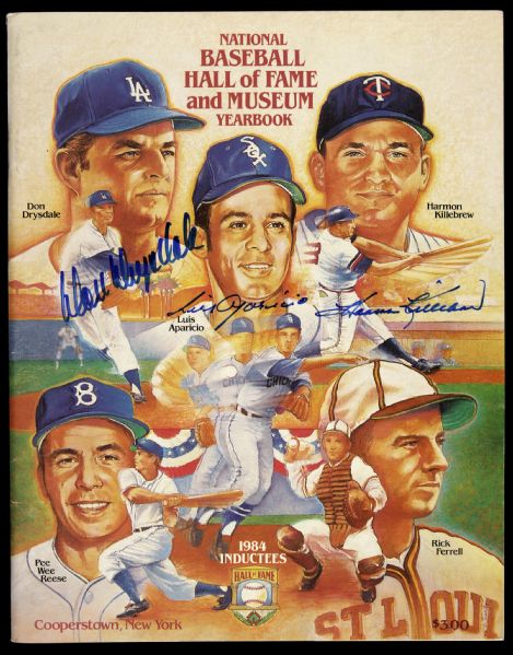1984 Don Drysdale Harmon Killebrew Luis Aparicio Signed Hall of Fame Yearbook (JSA)