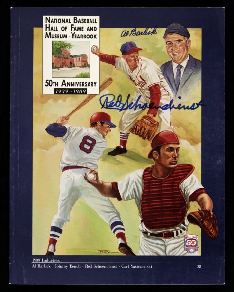 1989 Red Schoendienst Al Barlick Signed Hall of Fame Yearbook (JSA)