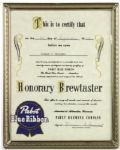 1958 Pabst Blue Ribbon Honorary Brewtaster 8" x 10" Framed Certificate 