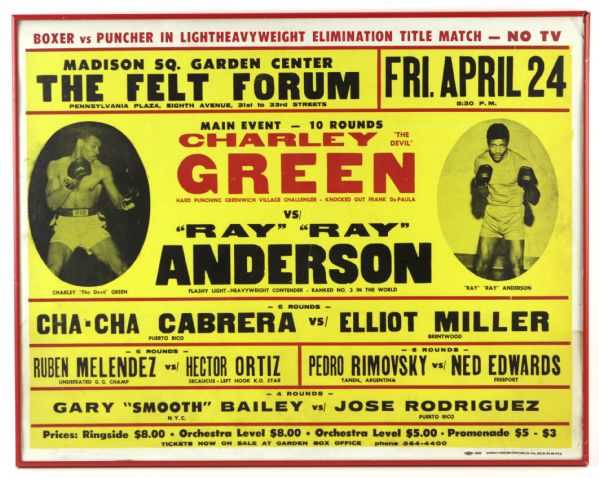 1970 Charley "The Devil" Green vs. Ray "Ray" Anderson Felt Forum 22" x 28" Framed Broadside