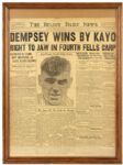 1921 Dempsey Wins By Kayo 19" x 26" Framed Newspaper Article