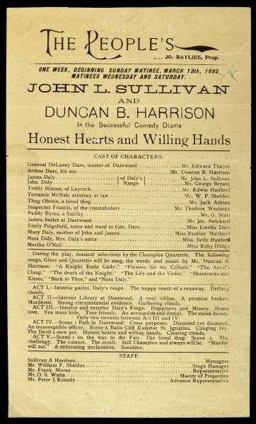 1892 John L. Sullivan First Gloved Heavyweight Champion Honest Hearts and Willing Hands Playbill