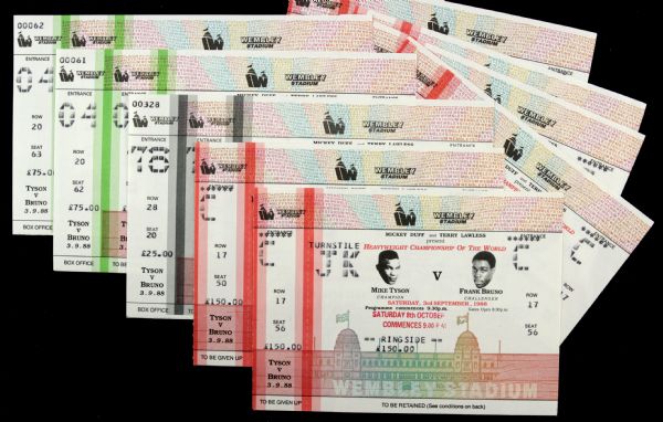 1988 Mike Tyson vs. Frank Bruno Heavyweight Title Fight Wembley Stadium Phantom Ticket/Stub Collection - Lot of 9