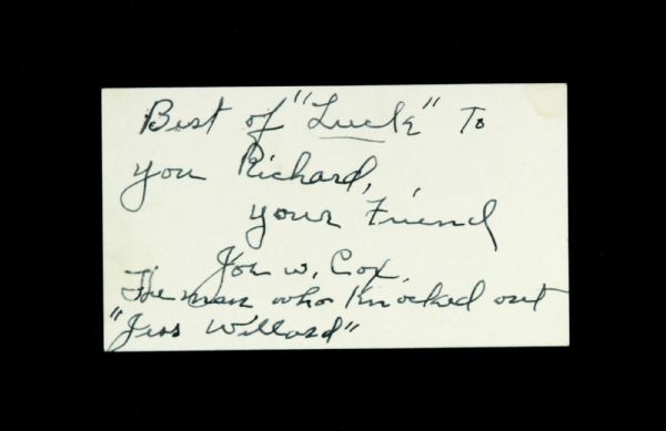 1920s Joe Cox "Man Who Knocked out Jess Willard" Signed Cut