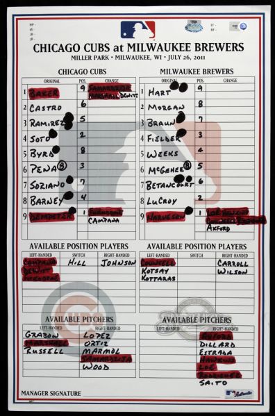 2011 Milwaukee Brewers Chicago Cubs Miller Park Game Used Lineup Card (Steiner/MLB Hologram)